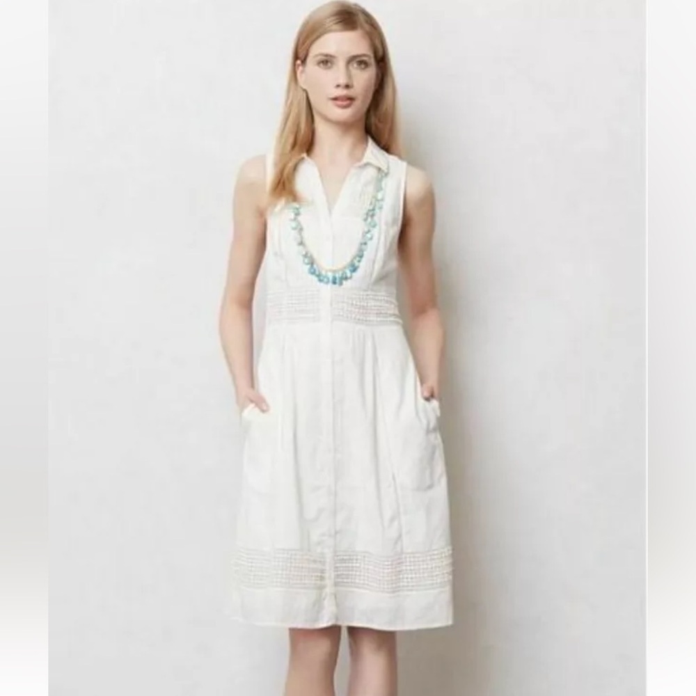 Anthropologie Women Ivory Dress Button Down  Size 4 Crochet Details